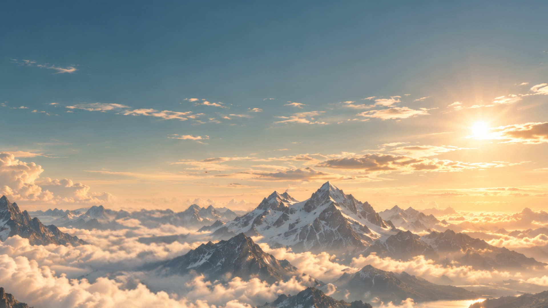 Mountain peaks above the clouds at sunrise
